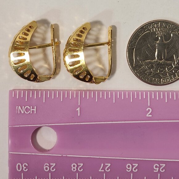 VTG Tested* 14K Solid Gold Geometric Diamond Cut latch Back Stud Earrings Signed - Picture 2 of 16